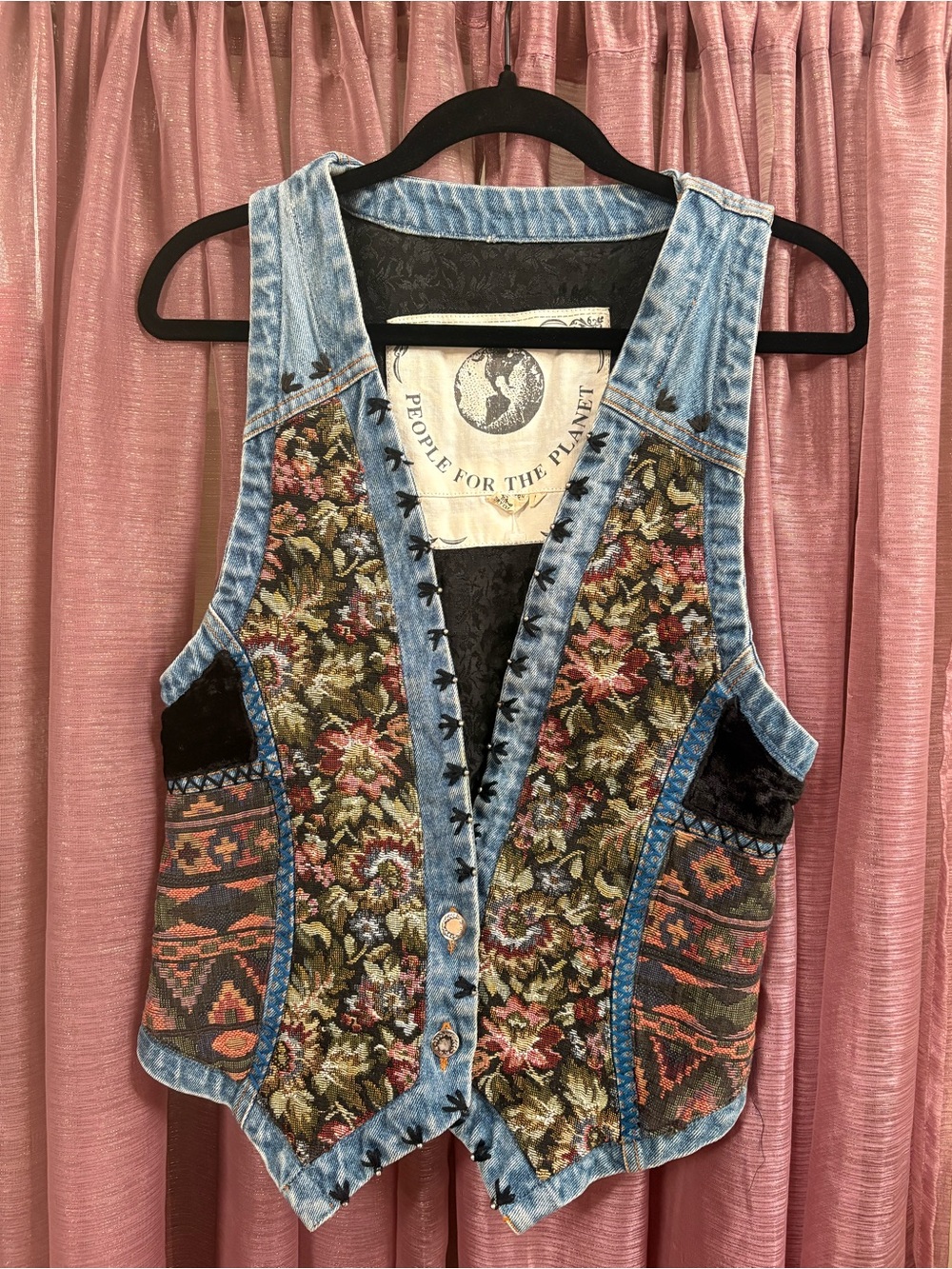 SOLD!!! Vintage People For The Planet Embellished Floral Denim Vest - Picture 1 of 8